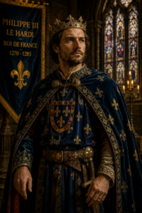 • Philippe III • Philippe III le Hardi • roi de France XIIIᵉ siècle • dynastie capétienne • Saint Louis • Philippe le Bel • croisade d'Aragon • Vêpres siciliennes • royaume de France au Moyen Portrait de Philippe III le Hardi, roi de France de 1270 à 1285, vêtu des insignes royaux capétiens, symbolisant la continuité de la monarchie française au XIIIᵉ siècle.