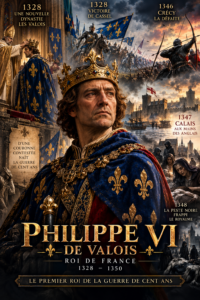 Philippe VI de Valois, roi de France de 1328 à 1350, représenté en souverain médiéval dans une scène cinématographique évoquant la guerre de Cent Ans, Crécy et Calais.
